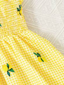 SHEIN Young Girl Lemon Print Gingham Sleeveless A-Line Sundress With Matching Hat - Yellow - View 5
