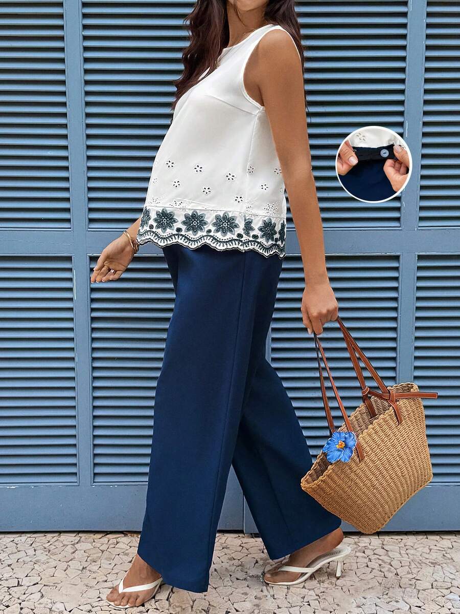 Bộ đồ bầu thêu họa tiết 2 món, áo không tay và quần dài, thích hợp mặc đi nghỉ mát. - Nhiều màu - Xem 1