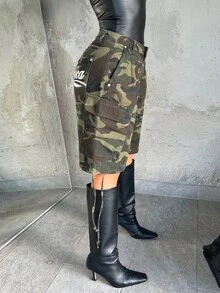 女士迷彩印花休闲宽松口袋牛仔工装短裤 - 軍綠色 - 查看 4
