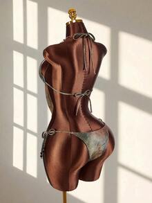 Amplova Women's Mesh Plunging Neck 2 Pieces Swimwear, Avant-Garde Sexy Beaded Spaghetti Strap Brown,Summer Casual Beach Holiday Vacation Outfits - Multicolor - View 2