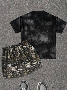 SHEIN Bộ áo thun in hình xe hơi và quần short in họa tiết rằn ri dành cho thiếu niên nam. - Nhiều màu - Xem 2