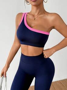Dewbera Dewbera Kamisol Yoga Satu Bahu Tanpa Jahitan, Pengangkat, Elastisitas Tinggi, Setelan Olahraga Wanita Warna Navy, Set Latihan Aktif Dua Potong, Legging Gym, Blok Warna. - Navy Blue - View 9