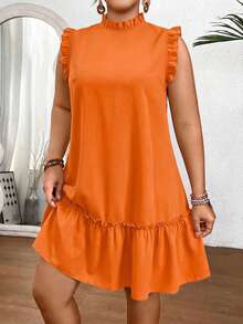 SHEIN Clasi Plus Size Stand Collar Ruffle Trim All-Over Allover Print Fashion Casual Dress Maxi Women Outfit - Orange - View 1