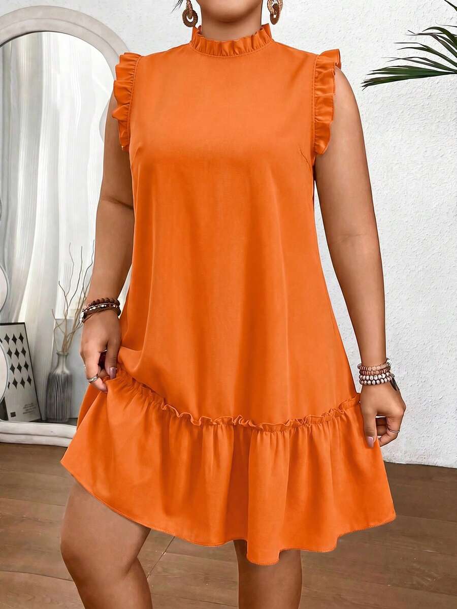 SHEIN Clasi Plus Size Stand Collar Ruffle Trim All-Over Allover Print Fashion Casual Dress Maxi Women Outfit - Orange - View 1