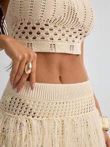 SHEIN Fringed Crochet Fringe Crop Top And Mini Skirt Beach Set - Apricot - View 7