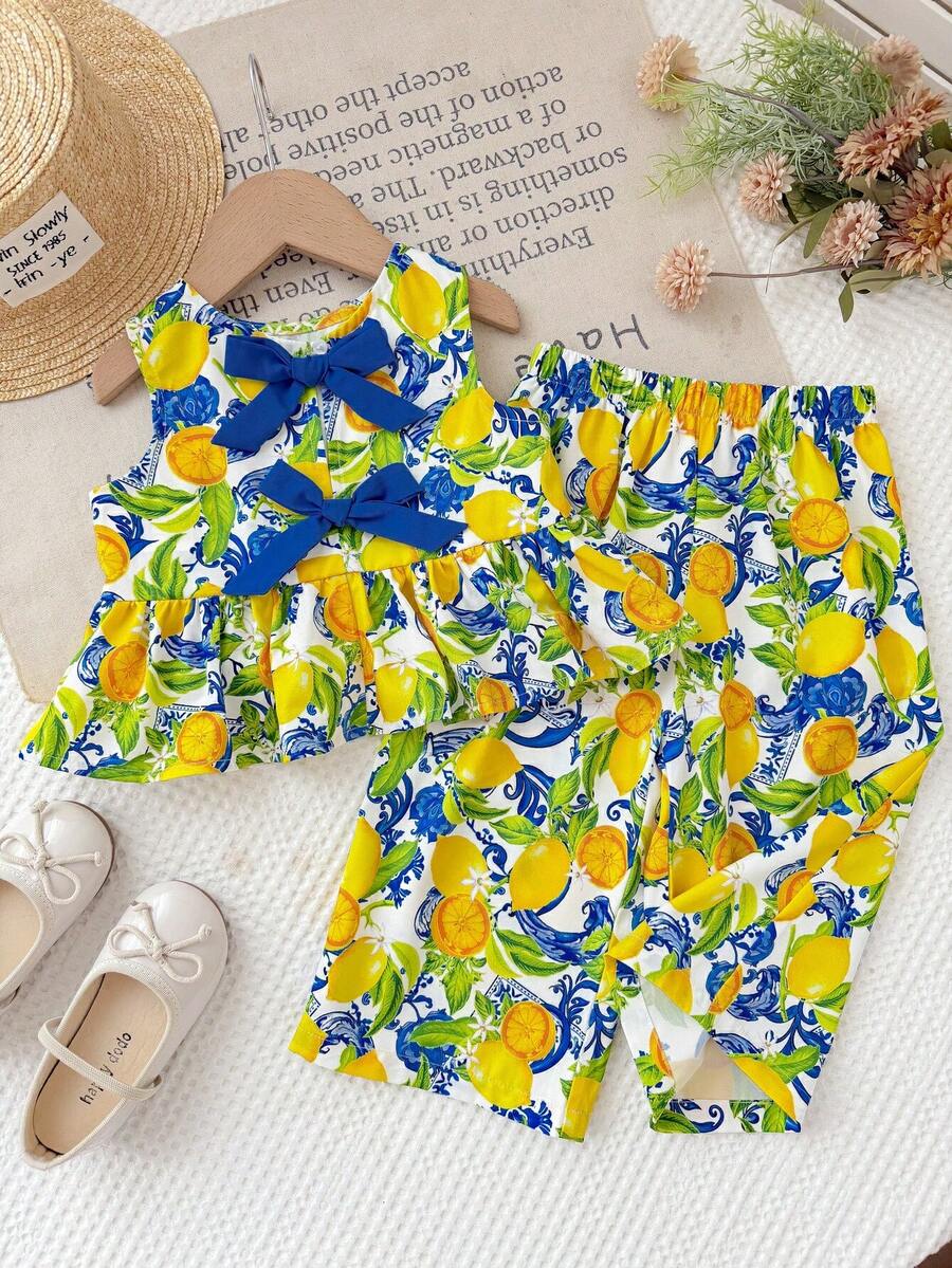 2件套女婴碎花无袖上衣和宽松裤子套装 - 彩色 - 查看 1