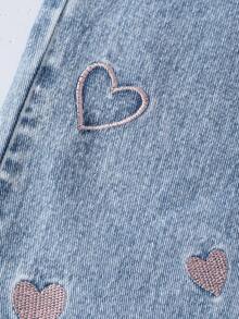 SHEIN Vintaside Kids Quần jean denim xanh nhạt thêu hoa cho bé gái (size nhỏ), dáng ống rộng thoải mái, phong cách ngọt ngào và cổ điển. - Rửa nhẹ - Xem 5