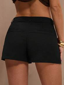 SHEIN BAE Quần short vải lanh cạp thấp thoải mái, thích hợp cho các hoạt động giải trí, kỳ nghỉ, du lịch miền Nam nước Pháp, du lịch Ý, quần short mặc đi ăn trưa, quần short thường ngày. - màu đen - Xem 2
