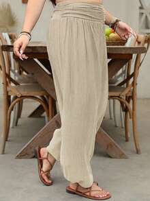 EMERY ROSE Plus Size Women Solid Color Pleated Casual Versatile Daily Wear Pants Fall - Khaki - View 5