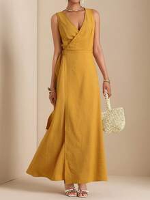 Vesra Vestido casual sin mangas cruzado y envolvente de color amarillo para mujer - Amarillo - Ver 6