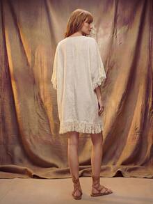 Women's Fashion Versatile Vacation Style Printed Tassel Hem Dress - Apricot - View 2