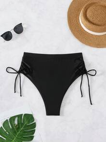 Đáy Bikini Nữ Dây kéo Xù màu trơn Giải trí - màu đen - Xem 2