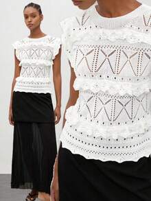 Maija Blusa de punto casual con cuello en V, sin mangas, con acabado de ganchillo abierto - Blanco - Ver 1