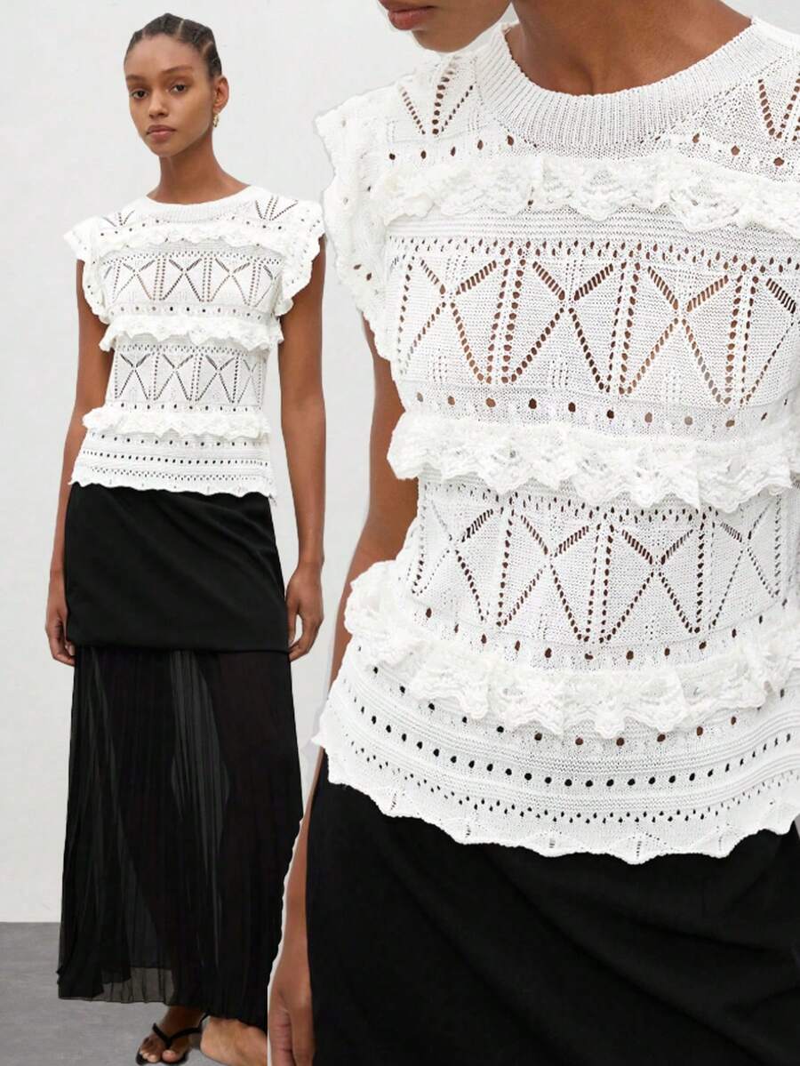 Maija Blusa de punto casual con cuello en V, sin mangas, con acabado de ganchillo abierto - Blanco - Ver 1
