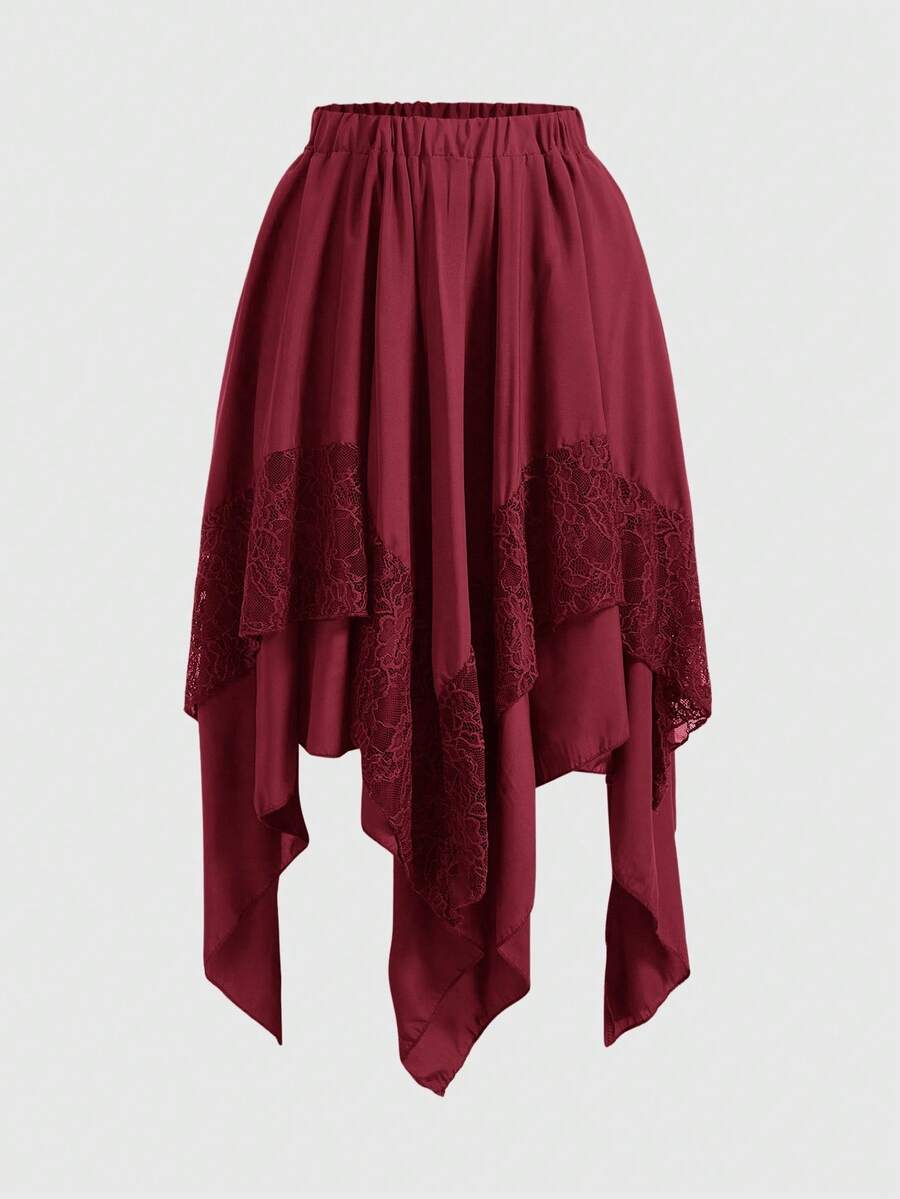 ROMWE Fairycore Elegant Goth Solid Color Lace Patchwork Asymmetric Hem Skirt, Autumn Date Party Night Burgundy - Red - View 1