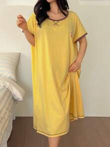 DAZY Cherry Print Color Block Raglan Sleeve Long T-Shirt Dress, Casual Summer Dress For Women Pajamas - Yellow - View 1