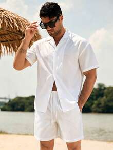 ZELFYO Conjunto de playa para hombre con camisa de manga corta de un solo color con botones y pantalones cortos con cordón en la cintura - Blanco - Ver 5