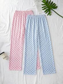 SHEIN Cottnline Cotton PLUS SIZE White Heart Pattern Long Pants Homewear Comfort Women2 Pcs Pajama Sleep Bottom Casual Set For Ladies Lounge Summer - Multicolor - View 2