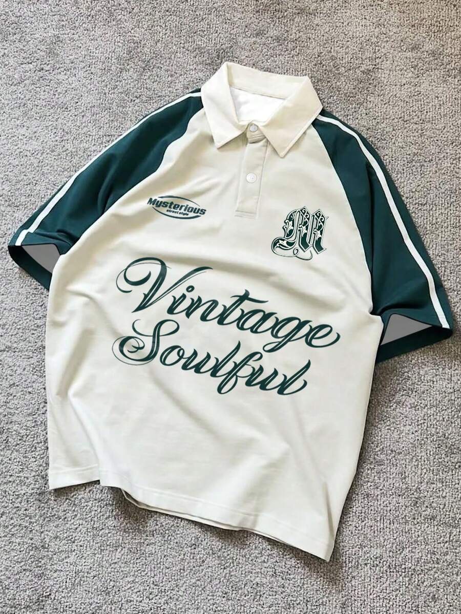Manfinity EMRG Men's Off-White Green Color Block Polo Shirt,Vintage Soulful Letter Print,Summer Back-To-School Graduation Style,Retro Y2K Rugby Jersey,Oversized Top - Multicolor - View 1
