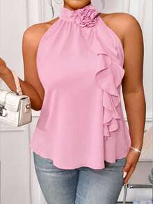 DreamSkyne Plus Size Summer Elegant 3D Floral Ruffle Neck Blouse For New Year Clothes - Pink - View 7
