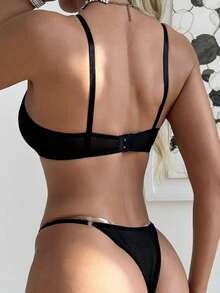 2 piezas Conjunto de sujetador y bragas transparentes de malla, conjunto de lencería sexy transparente para busto grande - Negro - Ver 2