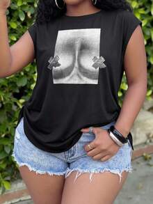 Slaydiva Women's Black And White Graphic Print Loose T-Shirt, Summer Casual Sexy Everyday Date Night Plus Size Sleeveless Tee, New Fashion Streetwear Top - Black - View 5