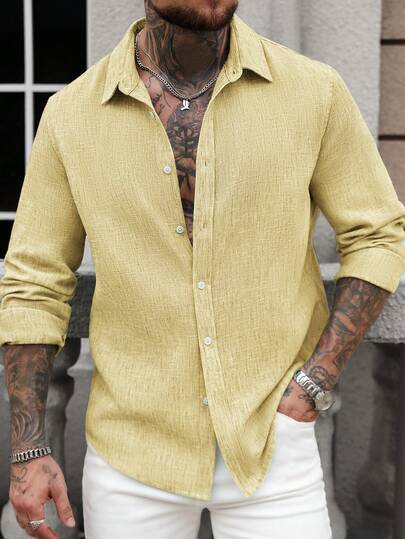 Manfinity CasualCool Chemise en lin décontractée à manches longues avec boutons devant unie, cérémonie
