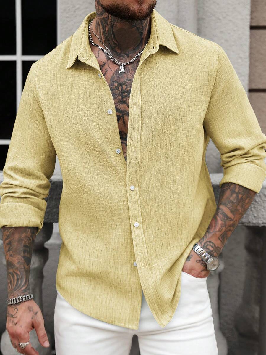 Manfinity CasualCool Plain Front Button Long Sleeve Casual Linen Shirt Ceremony - Yellow - View 1