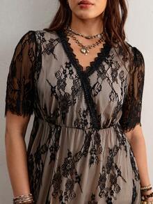 Freevana Summer Country Festival Outfits Solid Color Vacation Style Lace Dress With High Slit Music Festival - Black - View 7