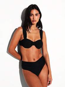 KSTM Ruched Off Shoulder Two Piece Bikini Set With Tie Back Detail And High Waisted Bottom For Beach Summer Vacation - Black - View 6