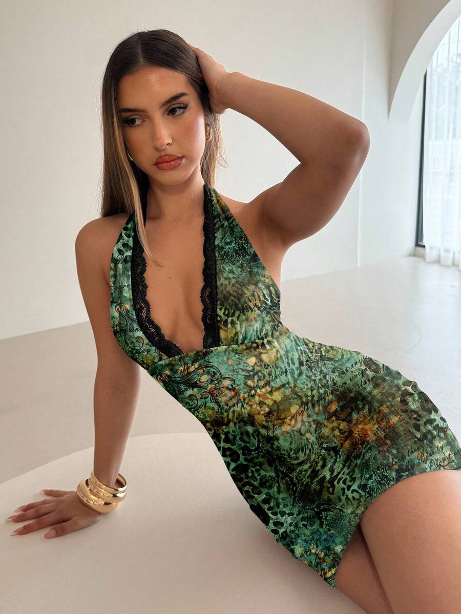 Aloruh Leopard Print Dress, Suitable For Beach Vacation, Party, Gathering, Evening Gown - Dark Green - View 1