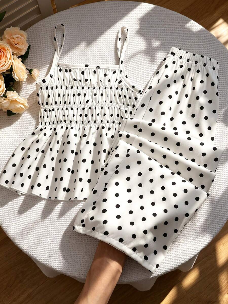 SHEIN Bộ đồ 2 mảnh cho bé gái gồm áo hai dây chấm bi đen thắt nơ và quần ống đứng, thích hợp cho kỳ nghỉ, hẹn hò và tụ họp. - trắng - Xem 1