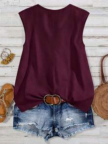 SHEIN LUNE CURVE Plus Size Women Round Neck Button-Up Shirt, Spring/Summer - Red Violet - View 2
