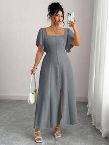 Roveilla Plus Size Gray Ruffle Trim Square Neck Cinched Waist Dress Party Summmer Elegant - Grey - View 3