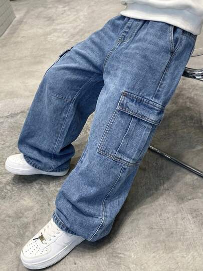 Quần jeans ống rộng dáng suông màu xanh dương, phong cách Y2K cổ điển, cá tính, thường ngày cho bé trai, cạp chun co giãn và túi hộp, thích hợp mặc hàng ngày, dự tiệc mùa xuân hè, lễ hội và các hoạt động đường phố.