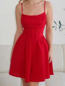 Turnttoni Đầm hè màu trắng trơn xếp ly, đầm hè cho nữ dự tiệc - Đỏ - Xem 3