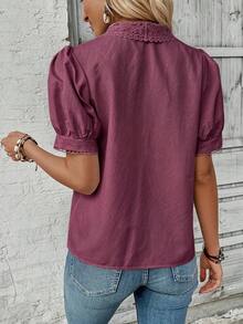 EMERY ROSE Solid Color Regular Shoulder Petal Sleeve Front Button Loose Casual Summer Shirt - Purple - View 2
