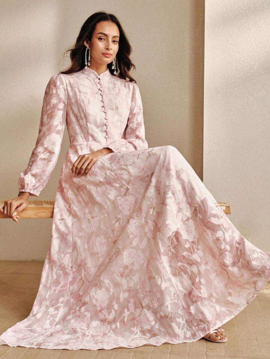 Anewsta 女士优雅雪纺印花长袖连衣裙，浪漫假日连衣裙 - 彩色 - 查看 1