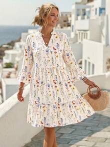 Faunlyn Women's Floral Print Plunging V-Neck Flare Sleeve Mini Dress, Vacation Wear Autumn Graduation, Bohemian Cottagecore Boho Clothes Off-White - White - View 2
