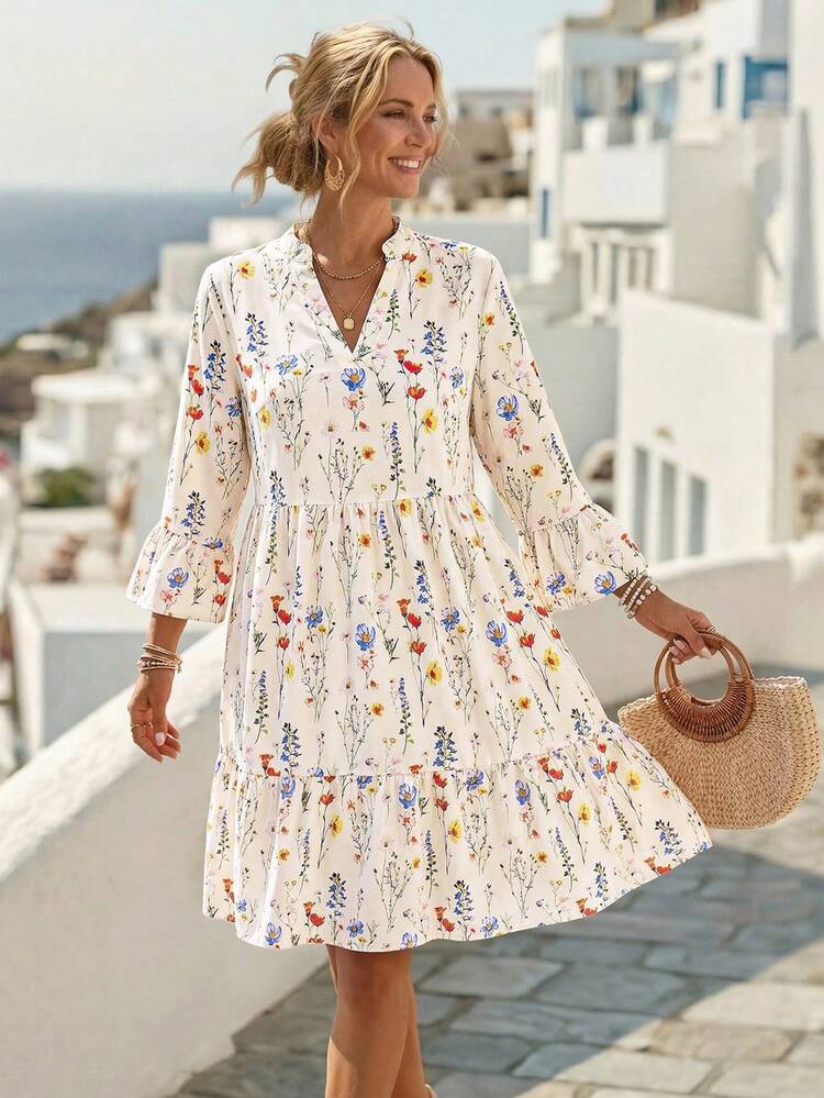 Women's Floral Print Plunging V-Neck Flare Sleeve Mini Dress, Vacation Wear Dresses For Women Summer Graduation Dresses For Women,Bohemian Clothes Vacation Dress