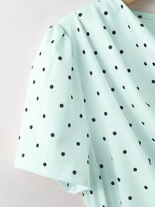 SHEIN LUNE Damen elegantes französischer Stil Polka Punkt Rüschen Kragen Taille Schleife Minimalistische romantische Lässig Kurzarm Kleid, Frühling/Sommer - Minzgrün - Übersicht 5