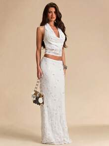 SHEIN BAE Falda de sirena de cintura baja bordada con cuentas y flores azules, falda azul, falda con cuentas, adecuada para vacaciones, citas, uso diario, eventos de boda - Blanco - Ver 4