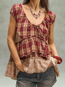 SHEIN BohoFeels Women's Casual Woven Plaid V-Neck Ruffle Hem Blouse - Burgundy - View 1