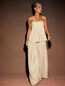 Hauture Women's Solid Color Pleated Wide Leg Loose Casual Pants - Apricot - View 3