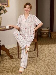 Conjunto de ropa de estar en casa informal de top de una sola hilera y pantalones con estampado completo para mujer - Multicolor - Ver 7