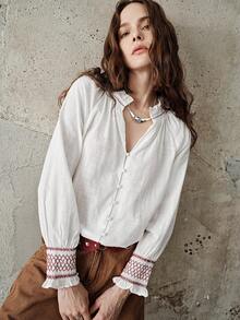 Aveloria Frievida Camisa holgada de manga larga con cordones y flecos, estilo casual raglan - Blanco - Ver 2