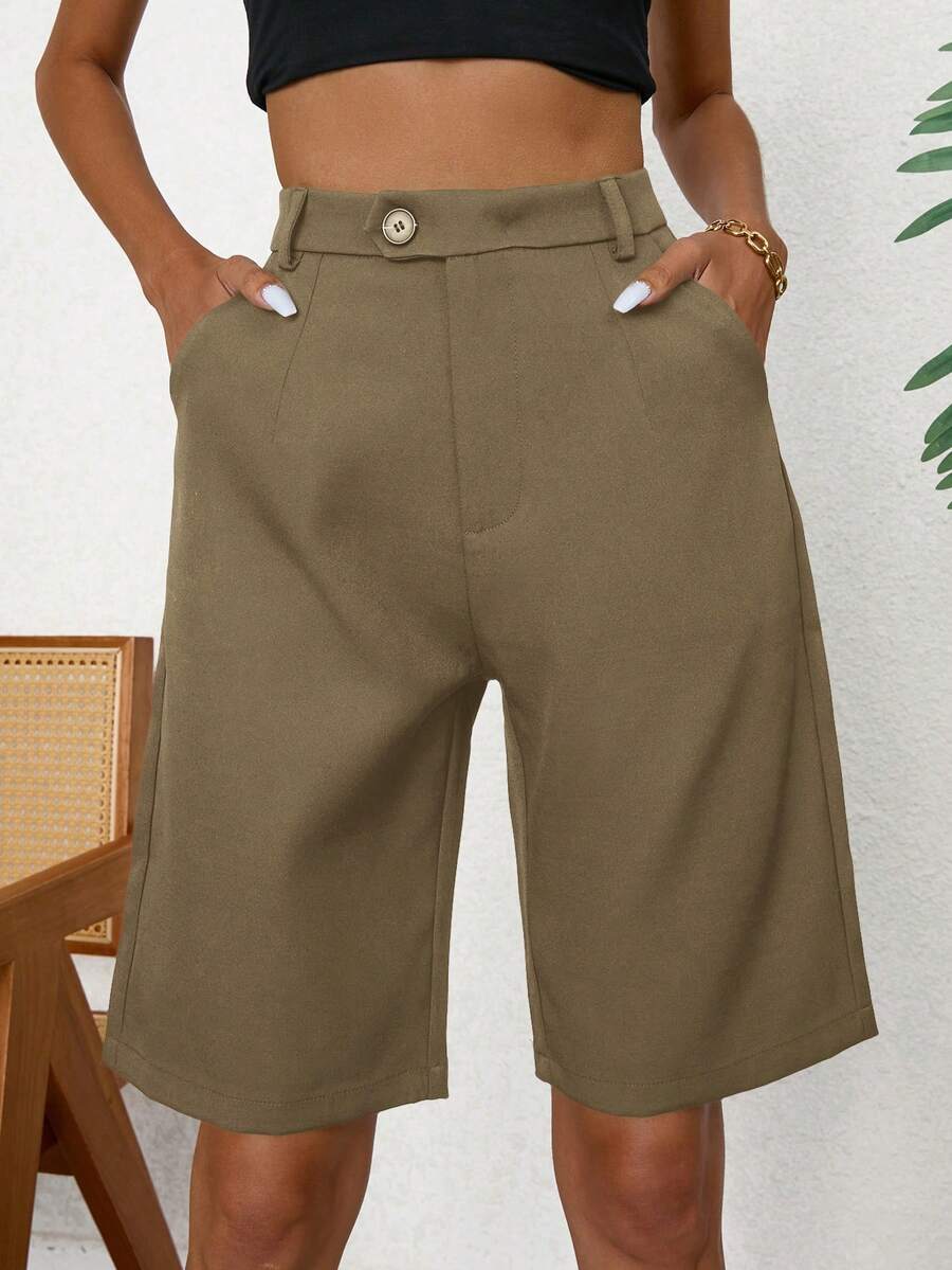 Aveloria Modichic Quần short nữ màu trơn có túi, kiểu dáng thường ngày, đa năng. - Màu Khaki - Xem 1