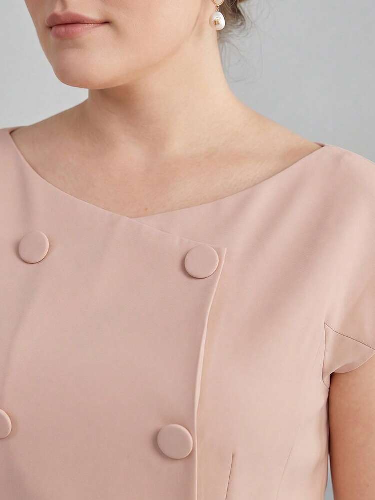 PLUS SIZE WOMEN'S BOAT NECK DOUBLE-BREASTED WAIST FLARE DRESS, SPRING/SUMMER