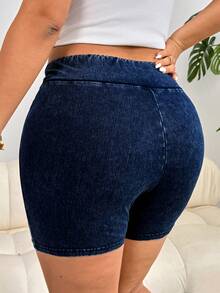 Quần short denim dáng rộng, cạp lệch, đa năng, thích hợp mặc hàng ngày dành cho nữ cỡ lớn. - Màu xanh lam - Xem 2