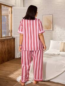 Serenescape Plus Size Women Casual Striped Print Short Sleeve Pajama Set - Multicolor - View 2